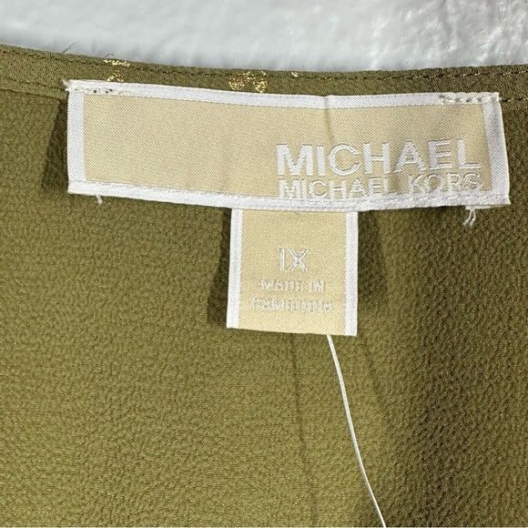 NEW Michael Kors Faux Wrap Dress Women's 1X Green Metallic Smocked Waist Ruffled - Picture 5 of 9